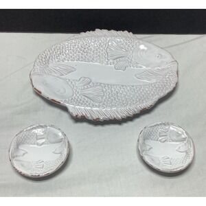 Coldwater Creek Mud Pie White Glazed Terracotta Koi Fish Sushi Tray 2 Saucers